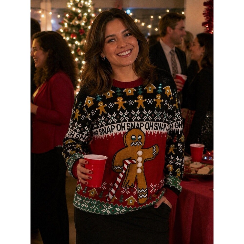 Oh Snap Ugly Christmas Sweater Womens Medium Gingerbread Candy Cane Holiday Knit